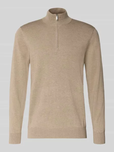 Sweter z dzianiny ze stójką i zamkiem błyskawicznym Profuomo beżowy