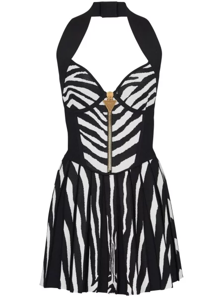 Rochie Balmain cu imagine cu model zebră cu gât halter negru