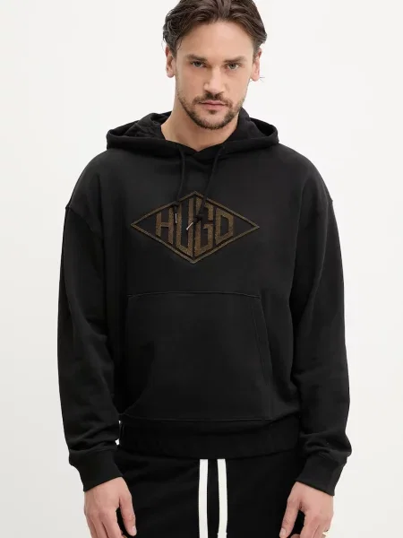 Bombažen pulover HUGO s kapuco črna