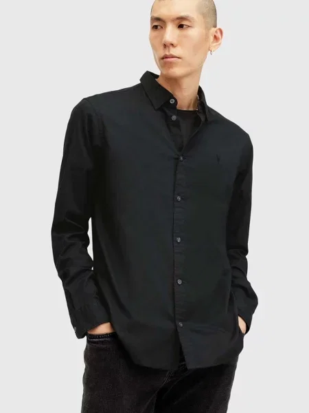AllSaints πουκάμισο ανδρικό με ελαστάν HAWTHORNE LS SHIRT μαύρο