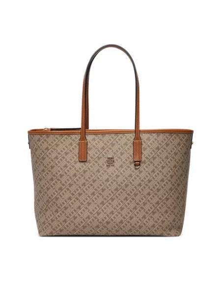 Tommy Hilfiger Ročna torba Th Monoplay Leather Tote Svetlo bež rjava