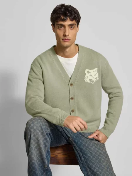 Kurtka z dzianiny z listwą guzikową Maison Kitsune oliwkowa