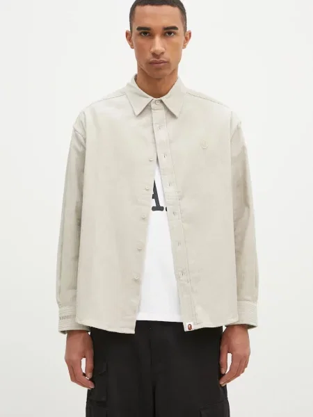 A Bathing Ape camasa din velur One Point Corduroy Longsleeve cu guler clasic regular bej