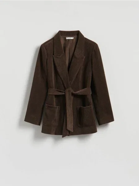 Reserved Sztruksowy płaszcz z wiązaniem ciemnobrązowy