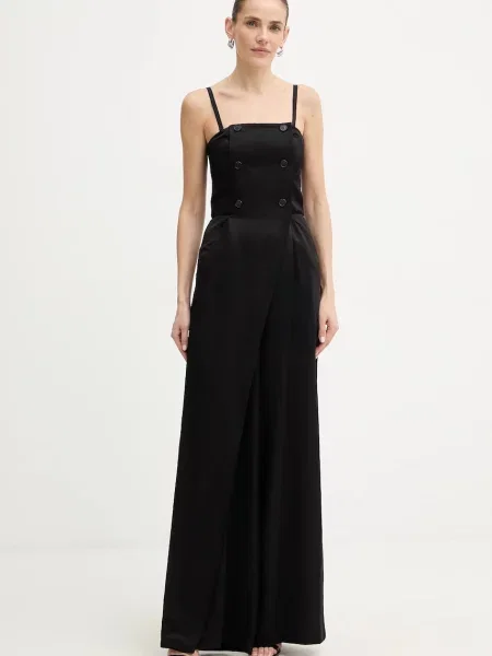 Karl Lagerfeld kombinezon z dodatkiem lnu TAILORED JUMPSUIT z dekoltem karo czarny