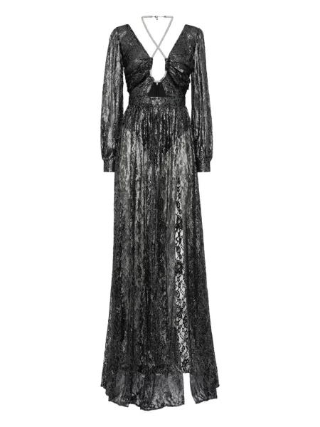 Sukienka maxi Philipp Plein koronkowa z kryształkami garniturowa czarna