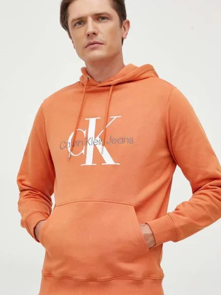 Суичър с качулка Calvin Klein Jeans с качулка с принт оранжево