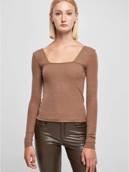 Koszulka Urban Classics z dekoltem kwadratowym z długim rękawem brązowa