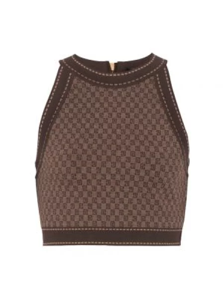 Mały top Balmain żakardowy o krotszym kroju brązowy