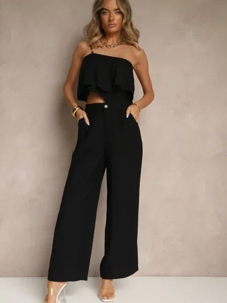 Komplet z Wiskozą Top z Falbanką na Jedno Ramię i Spodnie Wide Leg Nirellea czarny