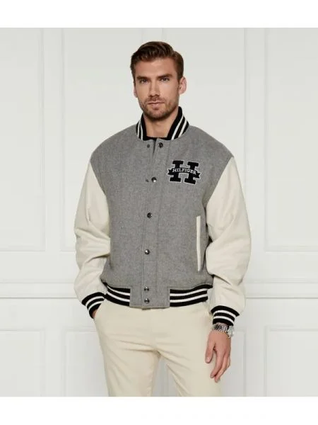 Tommy Hilfiger Gyapjú kabát bőr hozzáadásával szürke