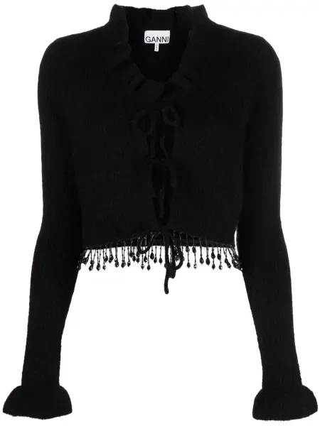 Cardigan Ganni cu franjuri tricotate negru