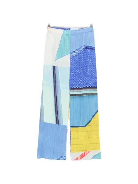 Pantaloni Pleats Please Issey Miyake cu imprimeu geometric plisate albastru