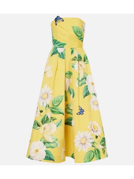 Rochie midi Leo Lin cu model floral până la genunchi de costum galben