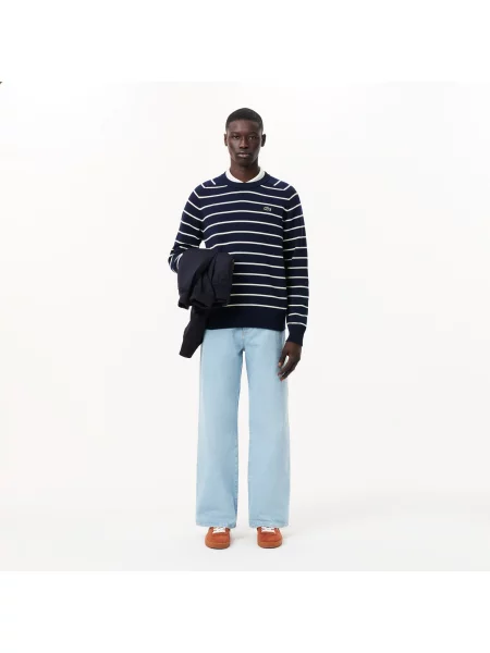 Lacoste Sweter Z Okrągłym Dekoltem W Paski Z Dzianiny 3D granatowy