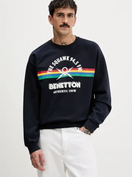 Bombažen pulover United Colors of Benetton x Stranger Things mornarsko modra