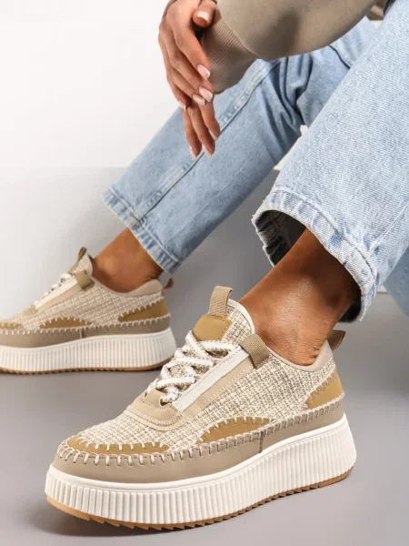 Sneakers Orilenes Închis Din Tweed Cu Platformă Și Cusături bej