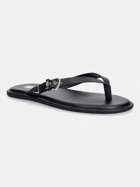 Tommy Jeans șlapi pentru femei din piele TJW FLAT LEATHER SANDALS negru