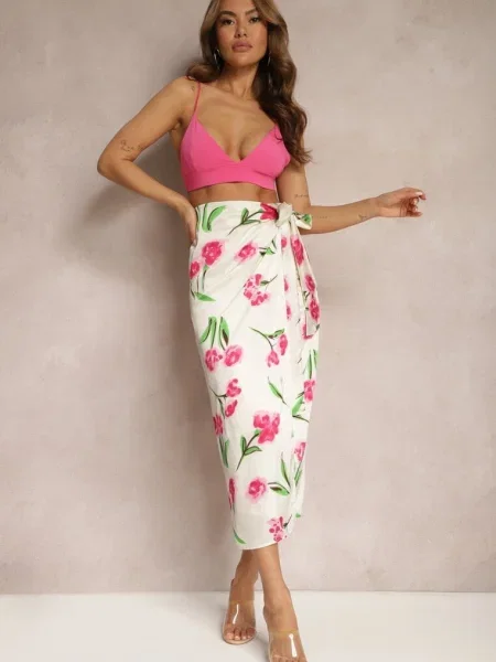 Fustă creion bej-roz cu imprimeu floral din satin Ailepatia cu șnur în talie bej