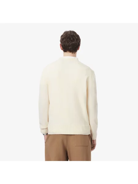 Lacoste Wełniany Sweter Z Okrągłym Kolnierzykiem Ecru biały