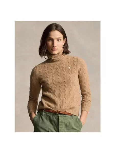 Sweter z dzianiny z golfem Ralph Lauren brązowy