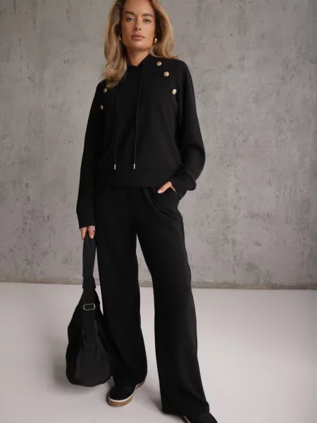 Set trening pantaloni Wide Leg și bluză cu glugă și aplicații Nailena negru