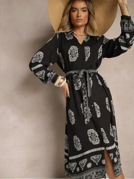 Sukienka Koszulowa Wiązana w Pasie w Stylu Boho Rorisha czarna