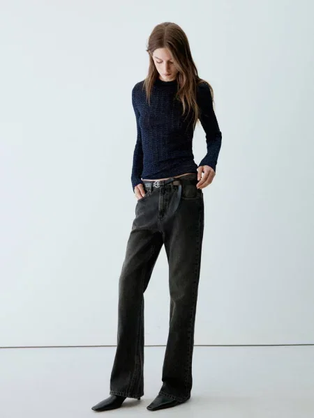 Sweter z dzianiny z fakturą z lureksem Kobieta XL MANGO granatowy