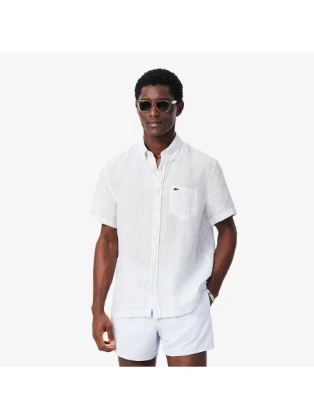 Lacoste Lniana Koszula O Regularnym Kroju Z Krótkim Rękawem niebieski