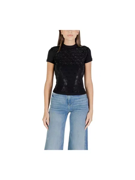T-shirt o kroju slim fit z obszyciem kamieniami stras na całej powierzchni Guess czarna