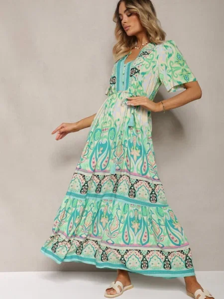 Boho Sukienka z z Ozdobnymi i Cienkim w Talii Dimosia zielona