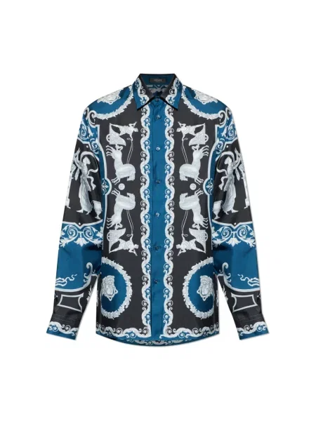 Jedwabna koszula Versace z nadrukiem niebieska