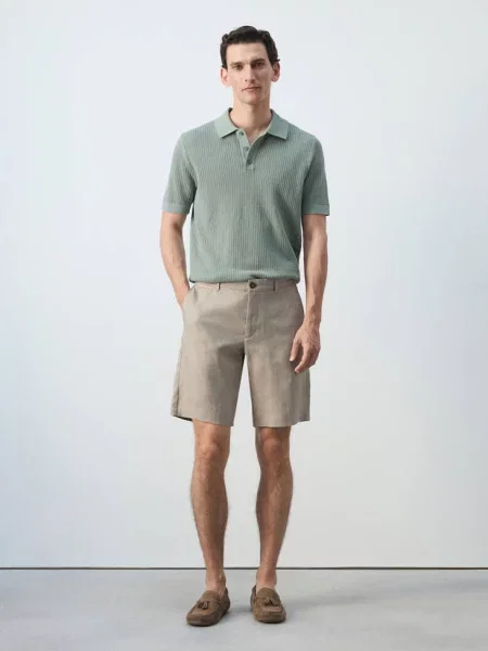 Bermudy slim fit z lnu średni Mężczyzna 40 MANGO MAN brązowy