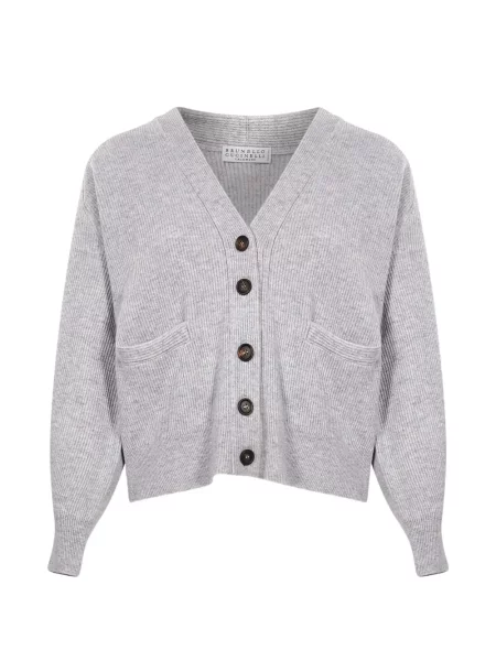 Cardigan Brunello Cucinelli tricotate cu decolteu în V gri