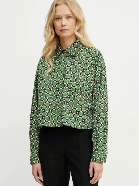 Риза Weekend Max Mara дамска със свободна кройка с класическа яка зелено