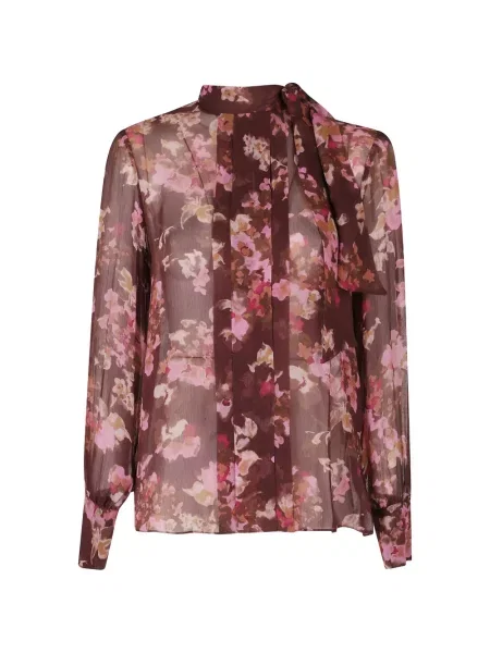 Bluză Nissa cu funde cu model floral maro