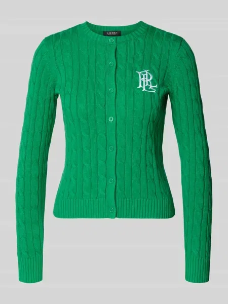 Kardigan rozpinany ze ściegiem warkoczowym i wyhaftowanym logo Model RALHAN' Lauren Ralph Lauren zielony