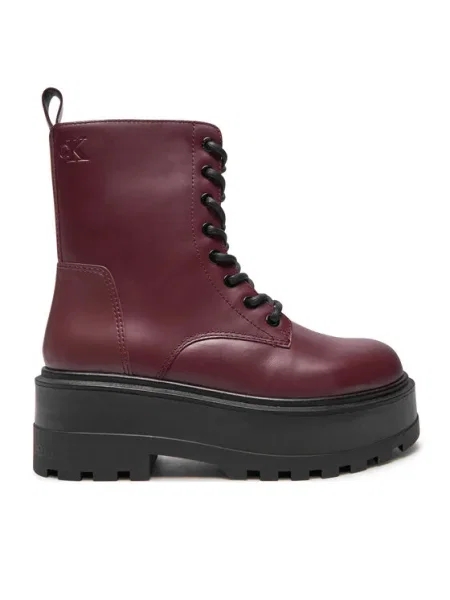 Полуотворени обувки Calvin Klein Jeans с връзки на платформе с дантела винено червено