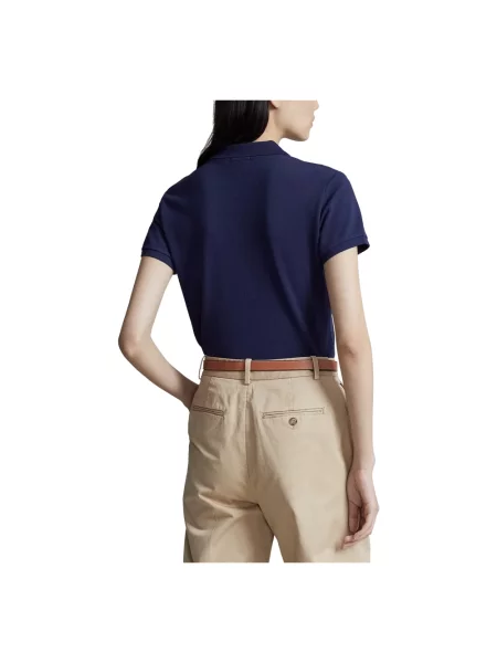 Koszulka polo Ralph Lauren z autografem ze stretchu z siateczki niebieska