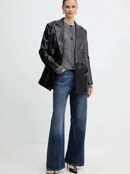 Шкіряний піджак MAX&Co. двобортний однотонний чорний