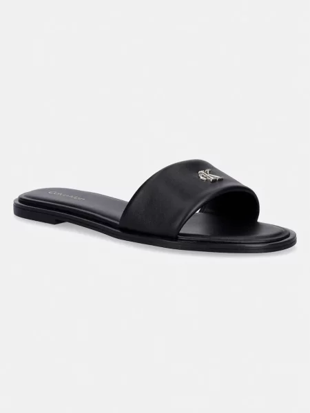 Calvin Klein pantofle kožené ROUND FLAT SNDL LTH BAR HW 2 černé