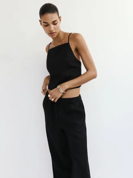 Spodnie wide leg z lnu Kobieta XXS MANGO czarny