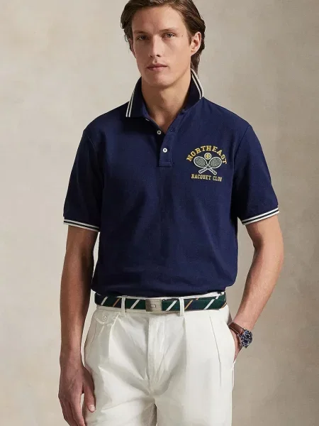 Тениска с яка Polo Ralph Lauren с изчистен дизайн тъмносиньо
