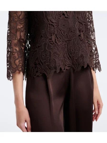 Top Max Mara cu model floral din dantelă maro