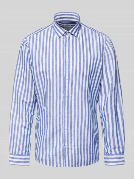 Koszula biznesowa z mieszanki lnu o kroju slim fit z kołnierzem kent Jake*s niebieska