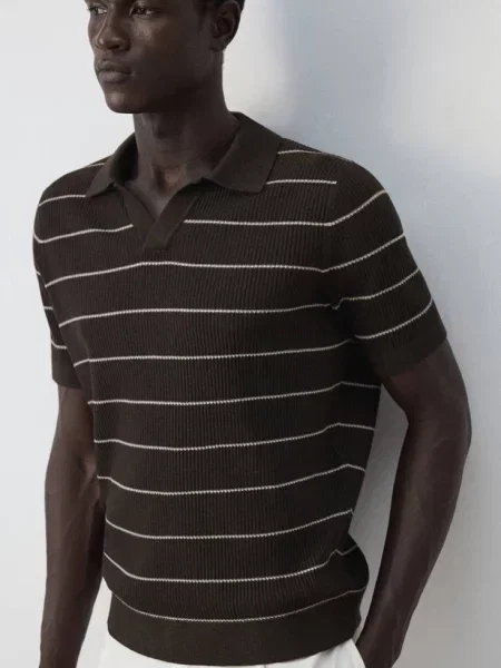 Koszulka polo z prążkowanej dzianiny z mieszanki bawełny czekoladowy Mężczyzna XL MANGO MAN