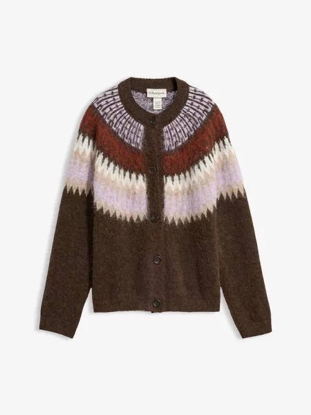 Sweter rozpinany w norweski wzór brązowy