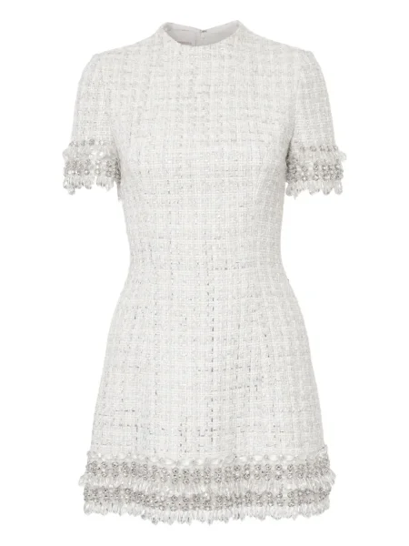 Sukienka mini Carolina Herrera tweedowa z koralikami garniturowa biała