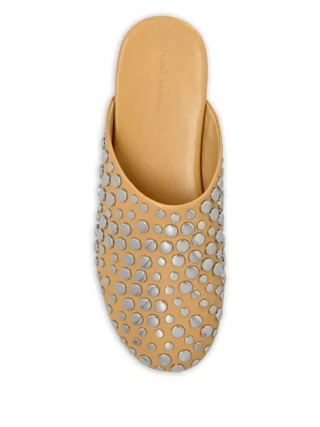Klapki mules Tory Burch skórzane bez obcasa z ćwiekami brązowe