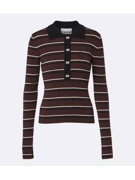 Tricou polo Ganni de lână cu dungi maro